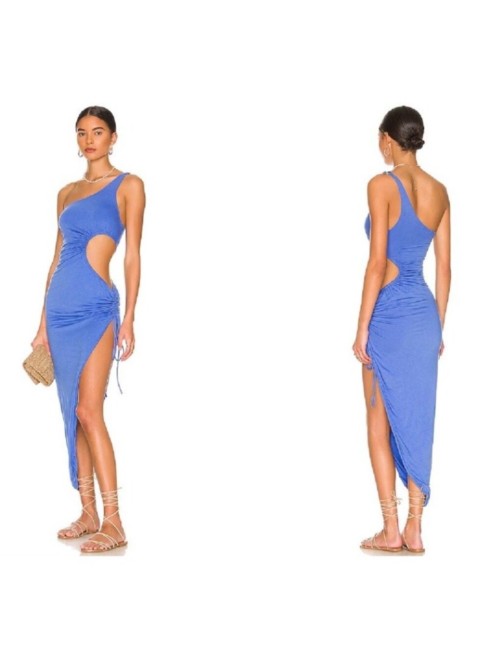 Indah Sydney Dress Cut Out Women’s Blue Sexy Ruched Size 3 (L) One Shoulder Maxi
